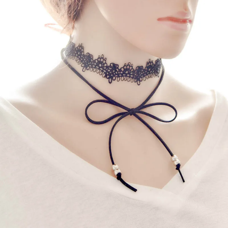 Elegant Sexy Black Lace Chocker Faux Suede Tie Bow Gothic Chocker