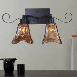 

American double head wall lamp European retro bedroom bedside balcony aisle lamp tea color glass iron mystery wall lamp