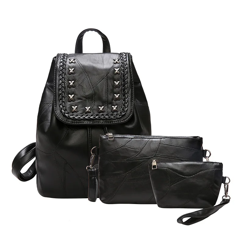 

New Genuine Leather Bags Sheepskin 3 Sets Women Composite Bags Female Large Capacity Backpack Shoulder Crossbody Bag Small Purse
