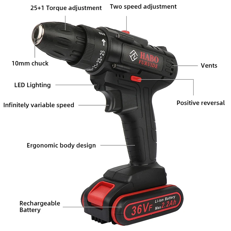 Беспроводная электрическая дрель беспроводная дрель с батареями 36VF DC литий-ионный аккумулятор 10 мм многофункциональная электрическая отвертка