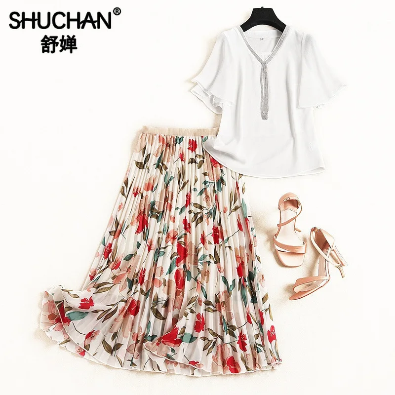 

Shuchan Women Two Piece Outfits Summer Suit Female V-Neck Blouse Office Lady+Elastic Waist Print Skirts Casual Women Suits 11690