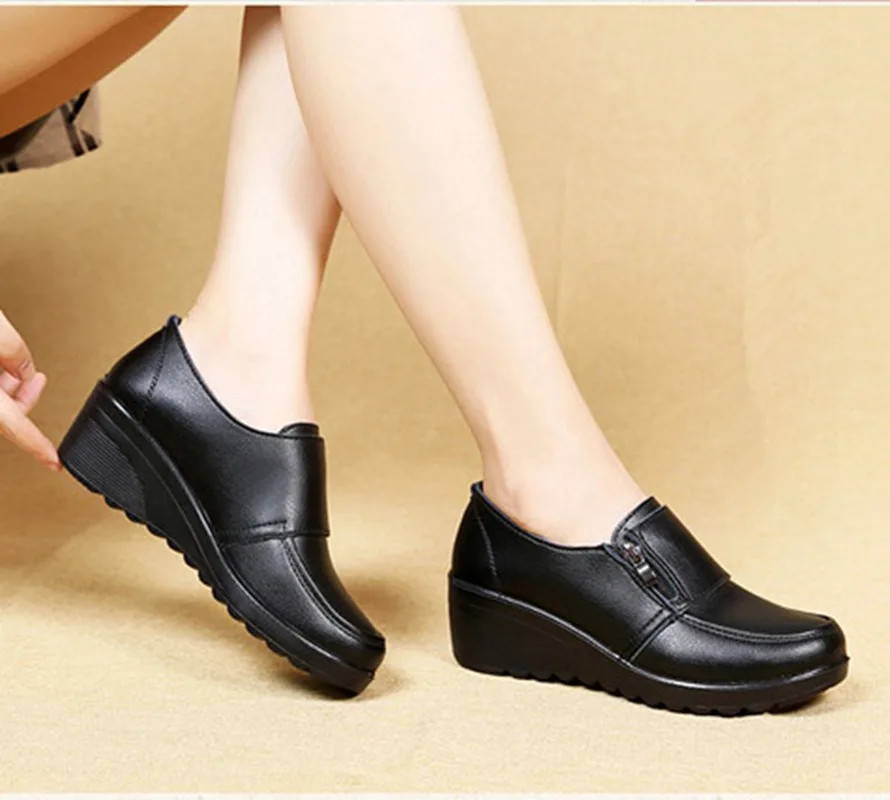 Spring Autumn Women's fashion Pumps shoes woman genuine leather wedge single casual shoes mother high heels