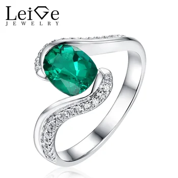 

Leige Jewelry Emerald Ring Green 925 Sterling Silver Oval Cut Bezel Setting Wedding Anniversary Rings for Women Christmas Gift