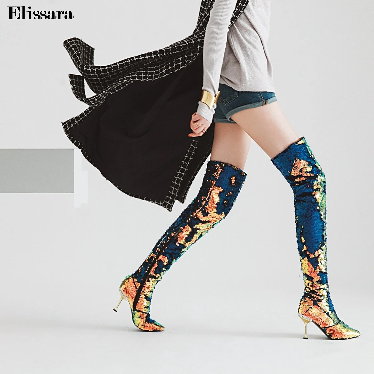 

Women High Heels Thigh High Boots Shoes Woman Glitter Bling Gradual Change Color Zip Pointed Toe Boots Shoes Size 33-43 Elissara