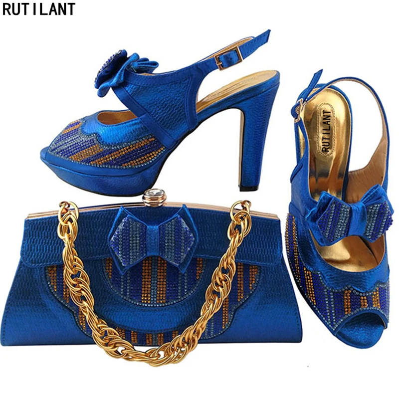 

Latest Royal Blue Matching Women Shoes and Bag Set Decorated with Rhinestone Italy Shoes and Bag Set for Party African Shoes Bag