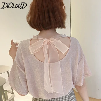 

DICLOUD New Halter Bow Summer T-Shirt Women Harajuku Bright Silk Round Casual Tees Shirt 2018 Elegant Loose Kawaii Tops Clothes