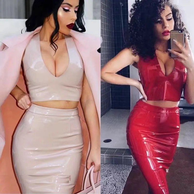 

Babatique PU leather women summer dress latex sexy bodycon two piece black suit tank off shoulder midi party dresses vestidos