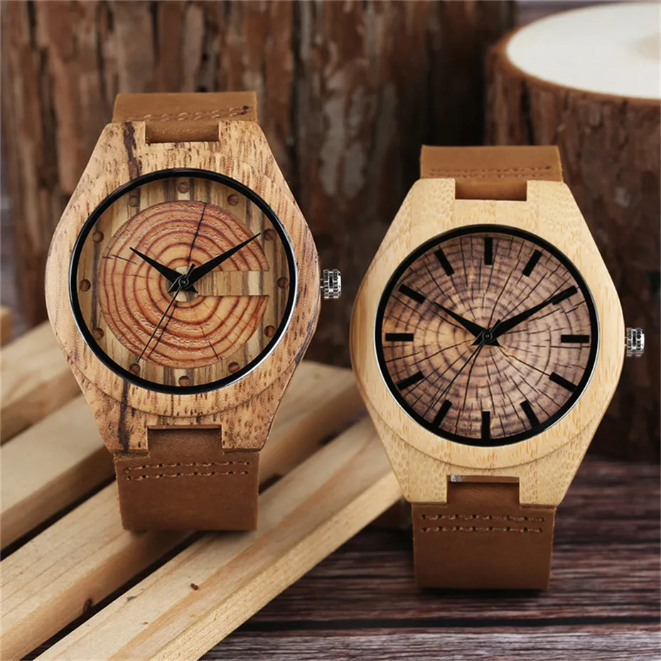 Casual Minimalist Growth Ring Pattern Bamboo Men Quartz Wrist Watch Nature Wood Genuine Leather Band Strap Sport Gifts (21)