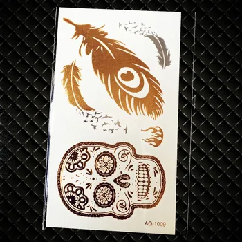 

New 3D Henna Skull HEad Design Flash Gold Metallic Temporary Tattoo Sticker GQ109 Peacock Flying Feather Birds Tattoo Sexy Women