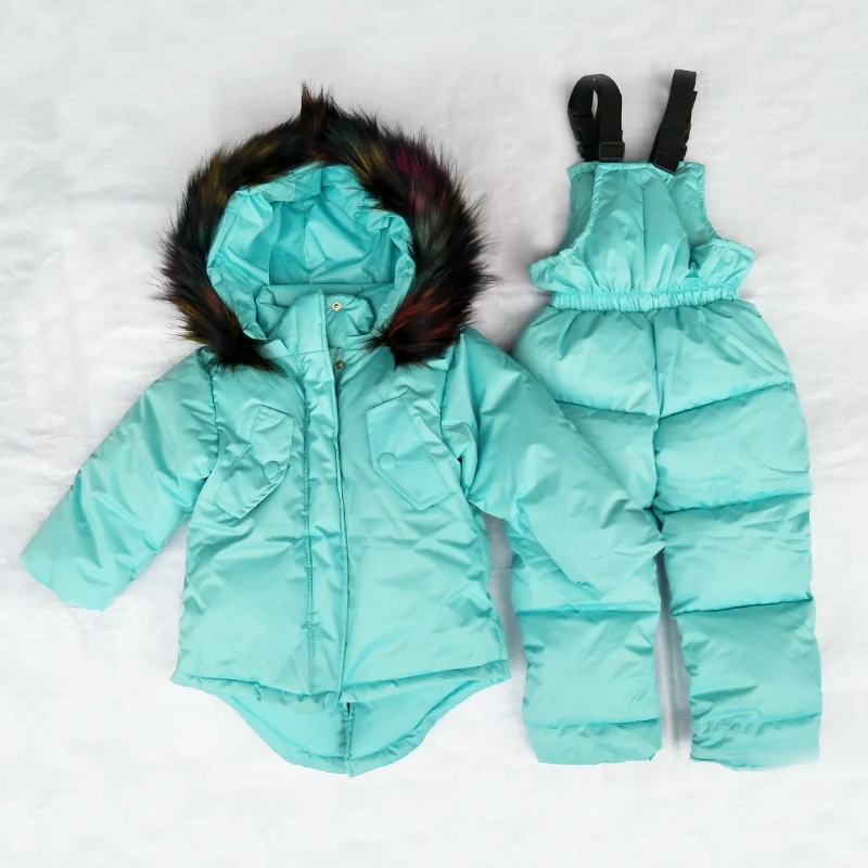  Baby Kids Girl Clothing Sets -25 Degree Russia Winter Colored Fur Hooded Coat + Overall Jumpsuit Sn