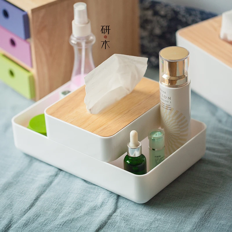

Multifunctional plastic tissue box cosmetic storage box rubber wood cover living room remote control storage tray ZP7041054