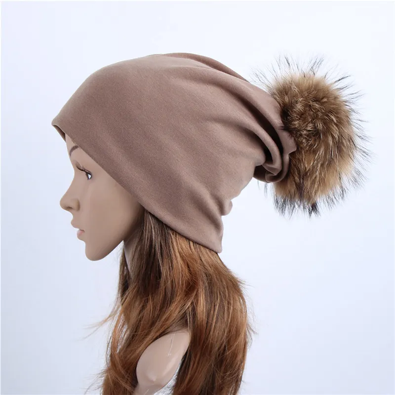 Light Brown A Geebro, женская шапка, осенняя, повседневная, цветная, с помпонами, громоздкая, шапочки, для девочек, Лисий мех енота, с помпоном, женская, с помпоном, шапка Skullies - Цвет: Light Brown A