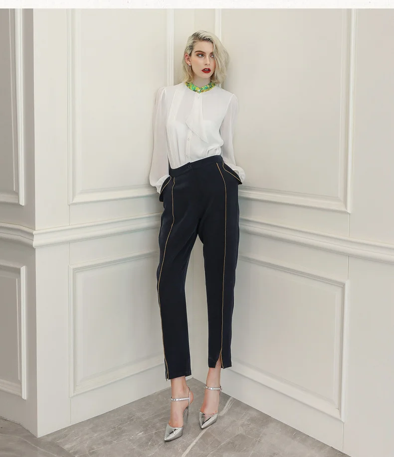 VOA Тяжелая шелковая форма брюки женские с высокой талией шаровары офисные длинные Broeken Pantalon уличная зимняя женская одежда K833