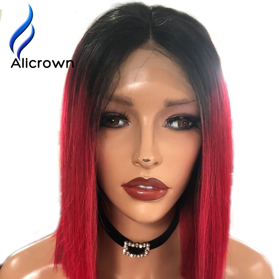 ALICROWN Ombre 1b/красный короткий Боб кружева передние человеческие волосы обесцвеченные парики вида шишка-пучок средней части бразильские Remy цветные парики шнурка Полный конец