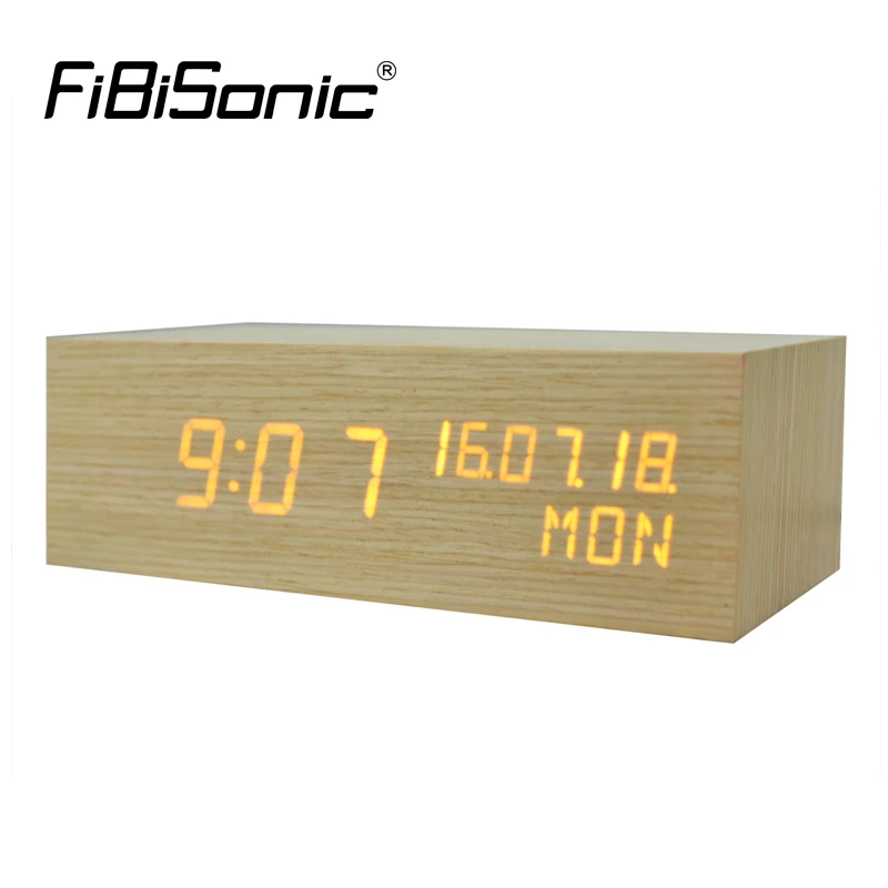 FiBiSonic Wood Wooden Alarm Clocks Large Size Digital LED Desk Table