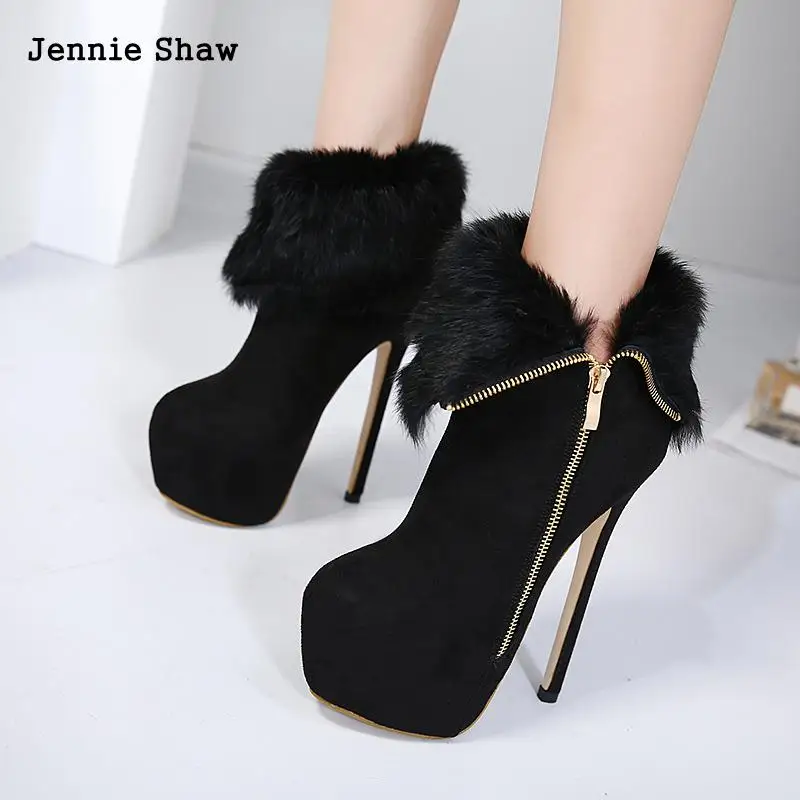 

Women's 16cm Rabbit Hair Short Boots Round Head Platform Zipper Women Winter Boots Warm Shoes Fashion