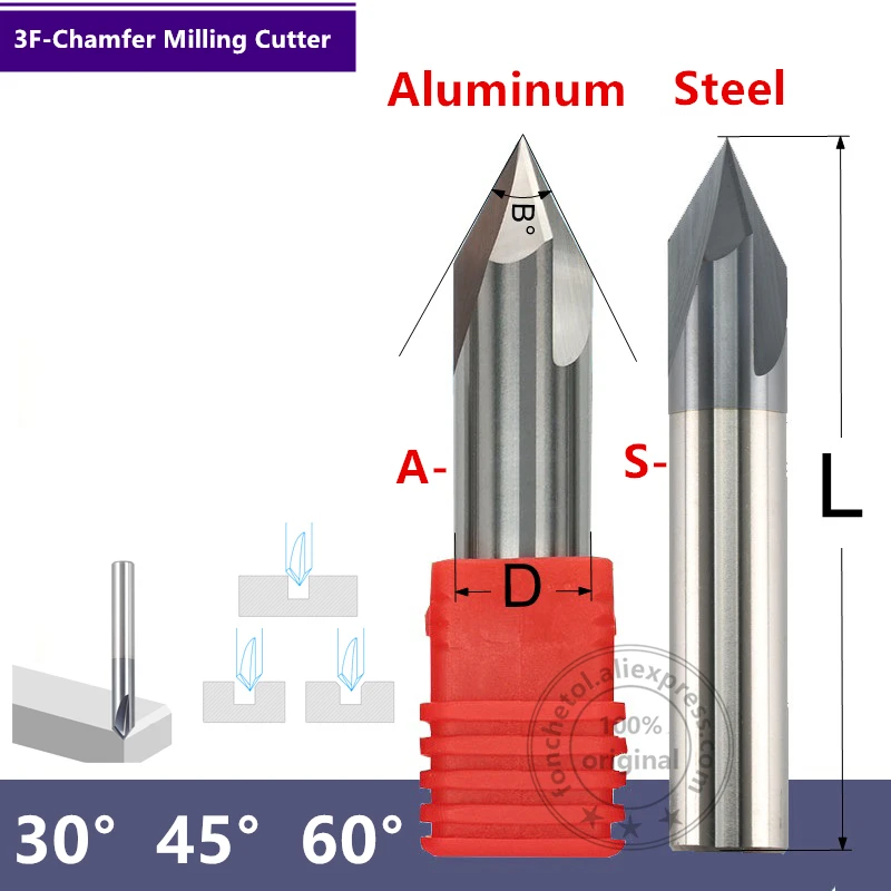 shipping-1PCS, ЧПУ карбид вольфрама алюминия и стали фаска фреза, 30 и 45 и 60 градусов tialn покрытием 3 флейты Концевая фреза