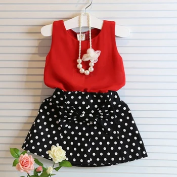 

Kids Girls Vest Pleated Dress Two Pieces Set Round Point Print Skirt Summer Skirt Sleeveless Tops Children Skirt Suit