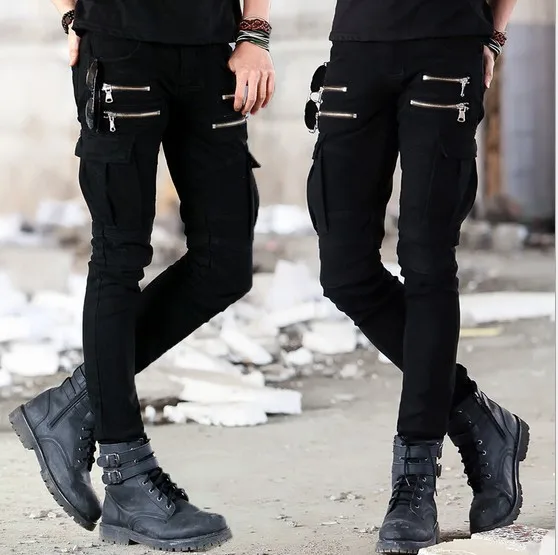 Мужские панк-рок обтягивающие джинсы карго с карманами, мужские черные джинсовые байкерские джинсы с молнией и боковыми карманами, мужские брюки-карандаш