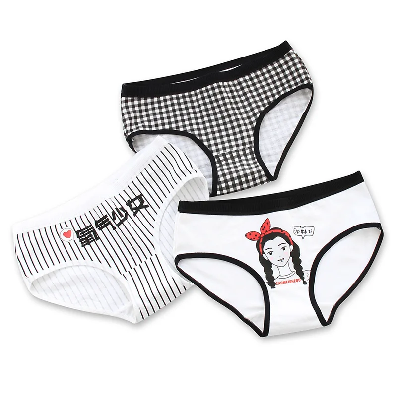 

IOLPR Japanese Fashion 5pairs/lot cute Women Cotton Panties Underwear Black white stripes Briefs Print Cartoon Panties Panty