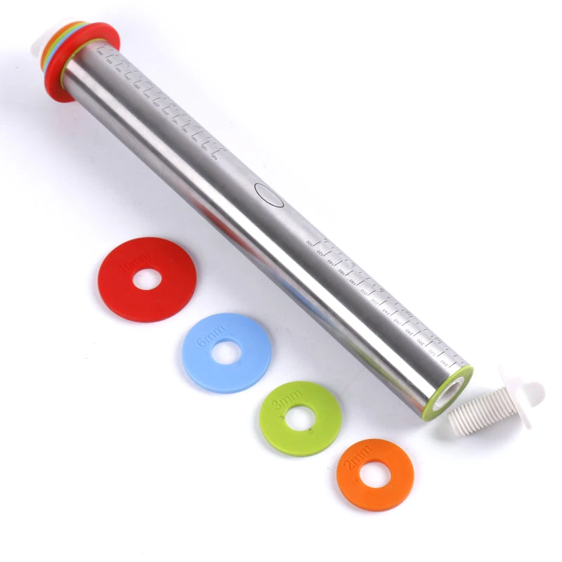 

Stainless Steel Rolling Pin - Professional Baking - 4 Adjustable Discs - French Style - Non-Stick - Removable Rings