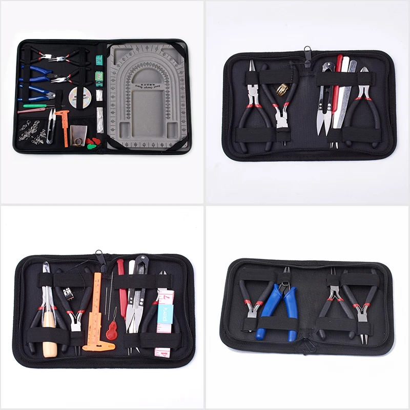 

DIY Jewelry Tool Sets Equipment Kits with Pliers Scissor Tweezers Vernier Caliper Tape Measure Pins Rings Bead Needles Black