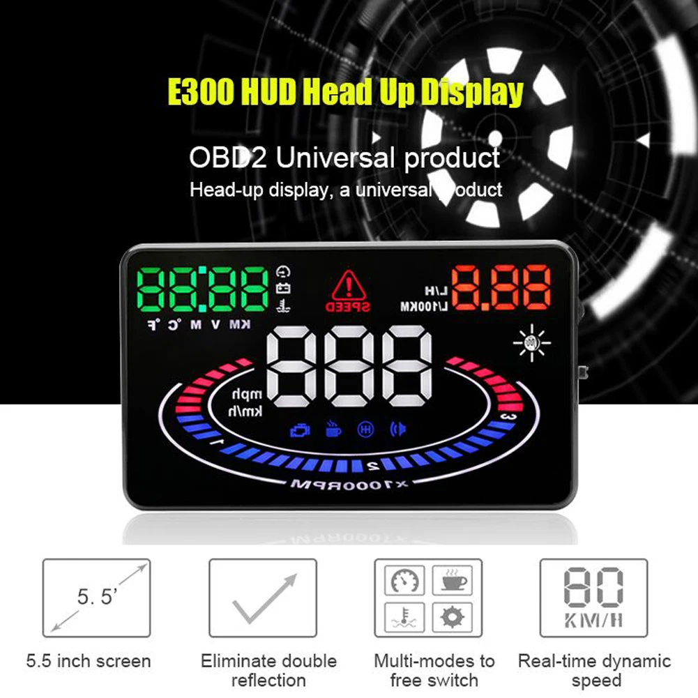 

E300 5.5" Universal OBD2 Car HUD GPS Head Up Display Temperature/Voltage/Fuel Gauge Meter Car Alarm Speed Windshield Projector