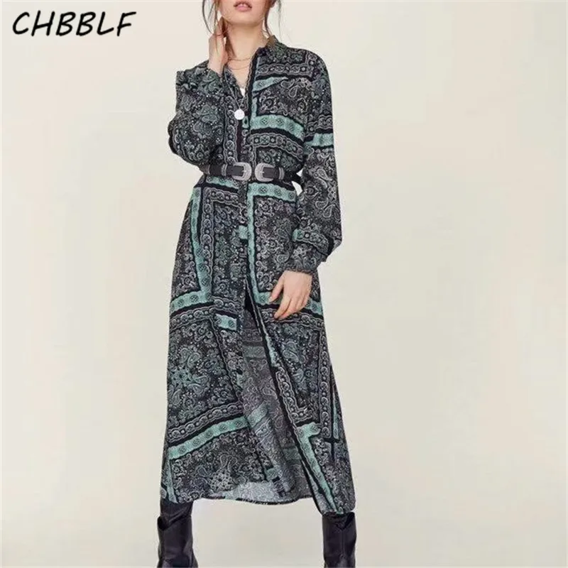 

CHBBLF women paisley print dress long sleeve vintage female casual chic long dresses Retro pleated vestidos mujer A914