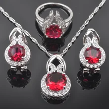 Свадебные ювелирные изделия, Розовый Красный Цирконий для женщин, 925 пробы, серебряные ювелирные наборы, ожерелье, подвеска, серьги, кольцо, QZ0263