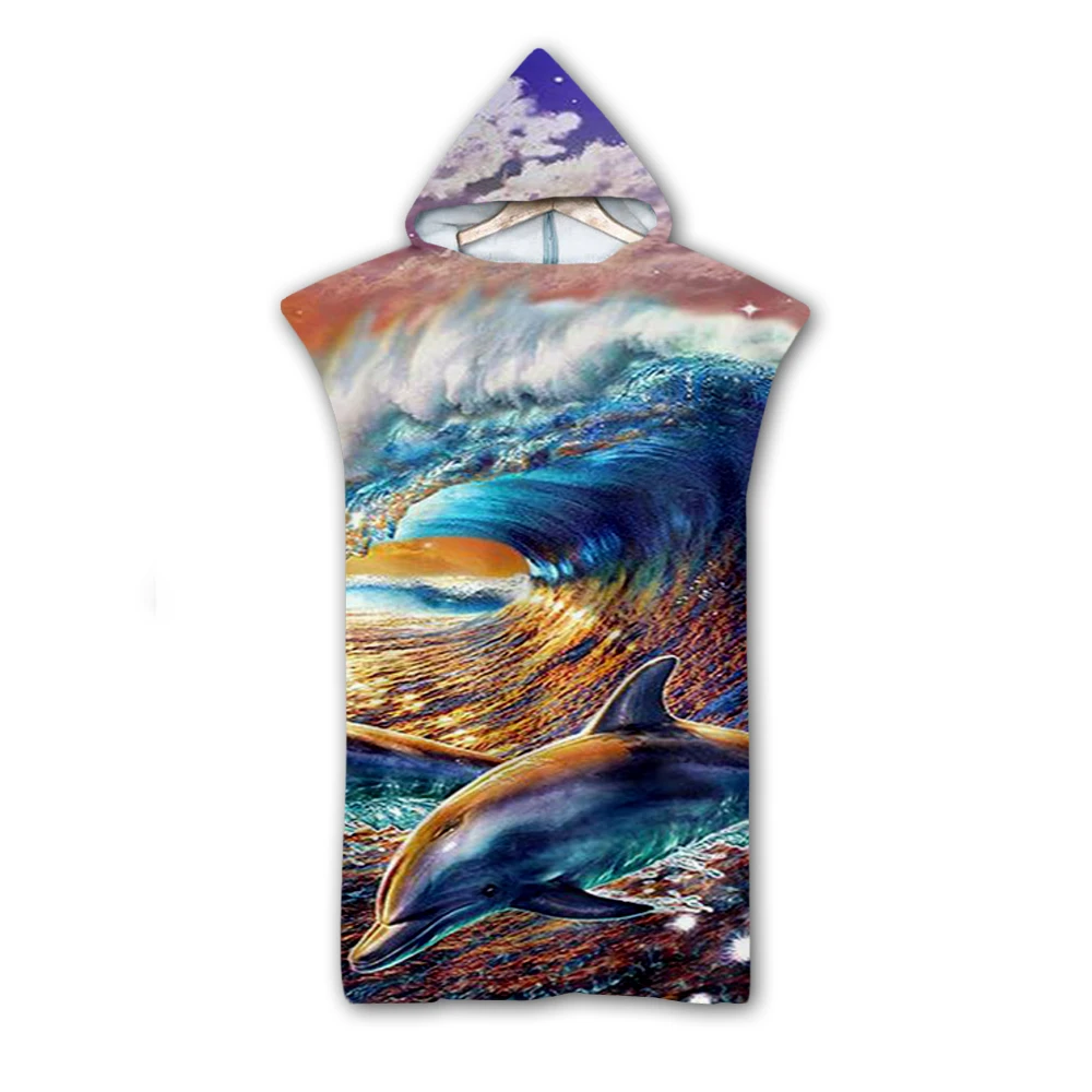 

3D Digital Printing Cute dolphin colorful Hooded Towel Wearable Bath Towel For Adults Travel Microfiber Beach Towels Style-7