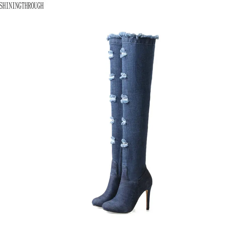 

2018 Women Boots summer autumn rouned toe Over The Knee Boots quality High elastic jeans fashion boots high heels plus size