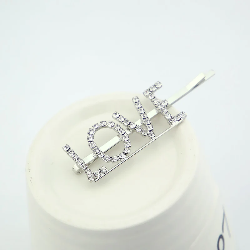 

2018 New Arrival 1PC Allergy Free English Letter Barrettes Champagne Silvery Rhinestone Crystal Hairpin Hairwear