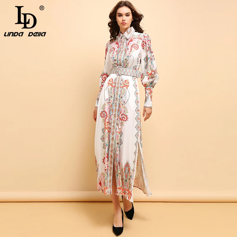 

LD LINDA DELLA Fashion Runway Vintage Autumn Maxi Dress Women's Long Sleeve Belted Printed Elegant Holiday Party Long Dress
