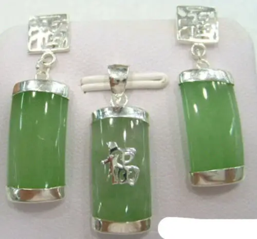 Natural Light Green Jade 18KWGP Fortune Pendant Earrings &amp Necklace Set (A0511) | Украшения и аксессуары