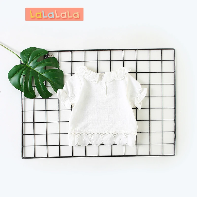 

Baby girls short-sleeved shirt children's clothes girls doll collar shirt newborn lace clothes baby Pure white Blouses kid top