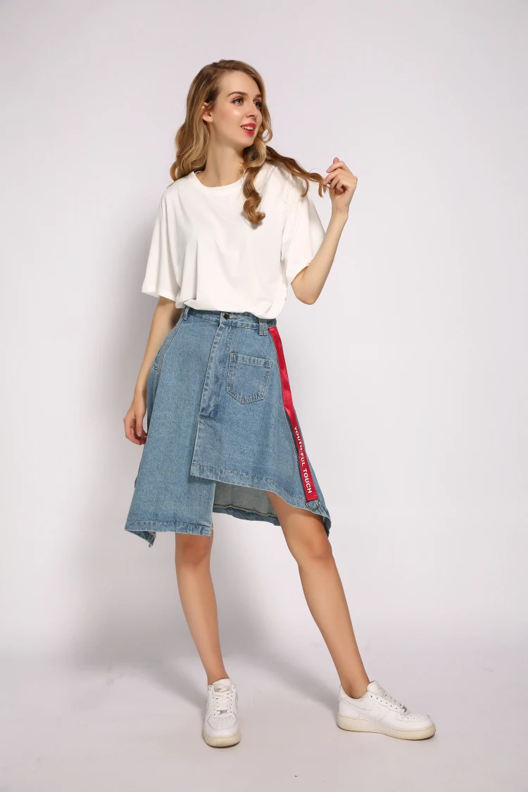 Denim Skirt High Waist A-line Mini Skirts Women New Single Button Belts Pockets Blue Jean Skirt Style Saia Jeans skater skirt