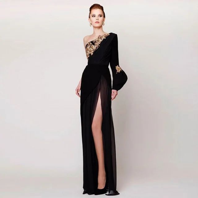 Арабские женские платья на одно плечо Robe De Soiree vestido de festa, женское черное платье, формальные шифоновые платья с бисером - Цвет: same as pic