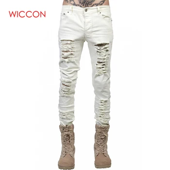 

2020 Spring Autumn New Fashion Men Black White Skinny Slim Fit Jeans Distressed Ripped Destroyed Holes Solid Denim Pants