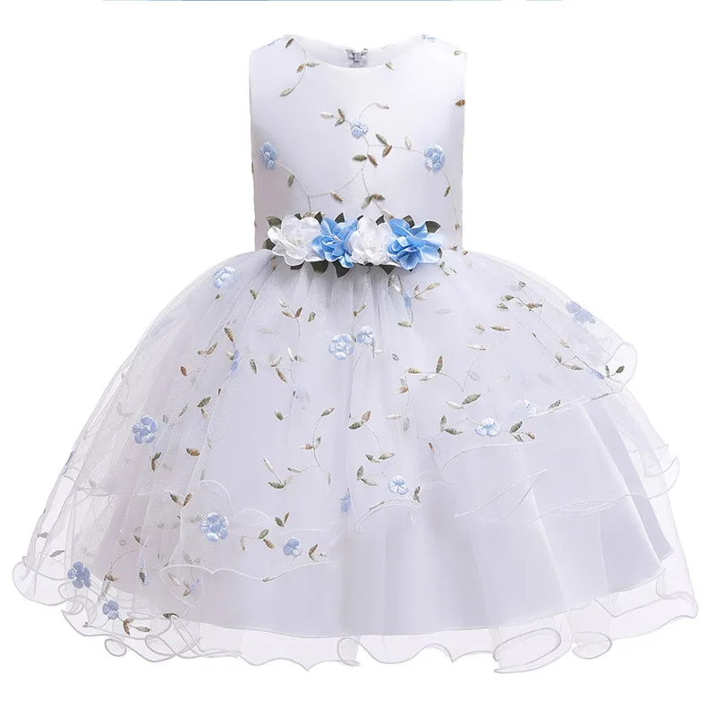 Кружевное пышное платье из тюля для девочек, платье с цветочным узором для девочек на свадьбу, вечерние платья принцессы с цветочным рисунком для девочек 3, 4, 6, 8, 10, 12 лет - Цвет: blue
