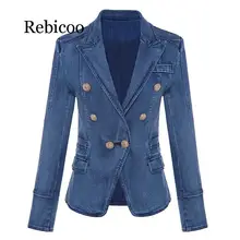 Rebicoo HIGH QUALITY New Fashion 2019 Designer Blazer Women's Metal Lion Buttons Double Breasted Denim Blazer Jacket Outer Coat