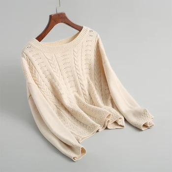 

autumn female casual solid color sweater round neck long-sleeved sweater openwork decoration