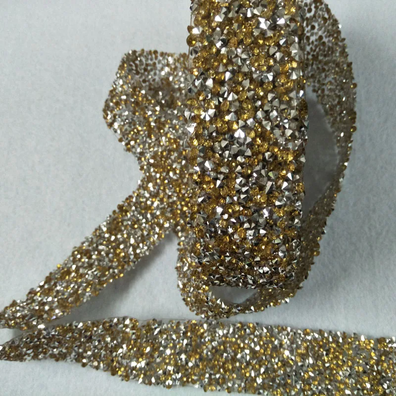 3cm Width Roayl Gold Clear Chunky Glitter Rhinestones Trim Iron On