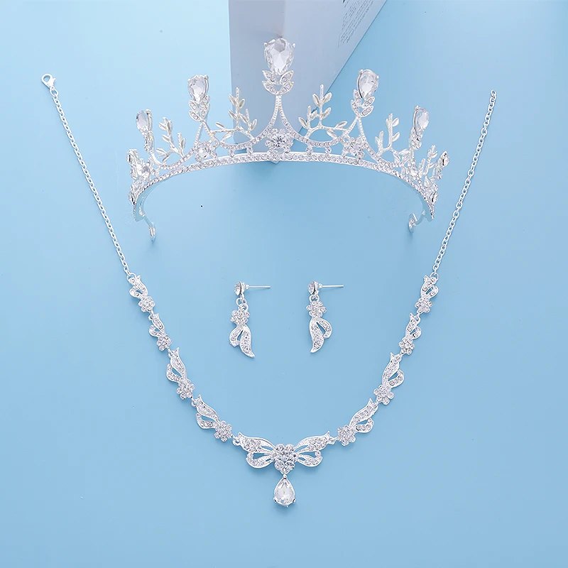 Bride Diaries Wedding Accessories Simulated Pearl Tiara Crown Earrings Necklaces Set Silver Plated Bridal Jewelry Sets (4)