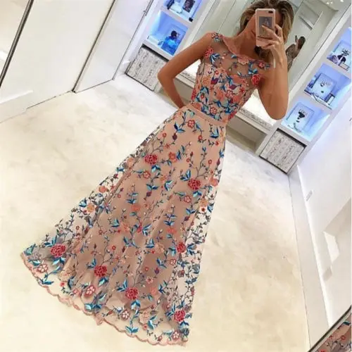 Women Long Prom Floral Formal Evening Summer Floral Party Embroidered Full Dress Sleevelessin