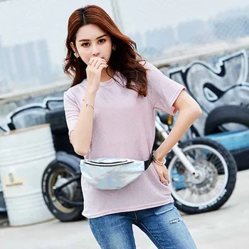

Laser Waist Bags Women Pink Silver Fanny Pack Female Belt Bag Black Geometric Waist Packs Street style Laser Chest Phone Pouch