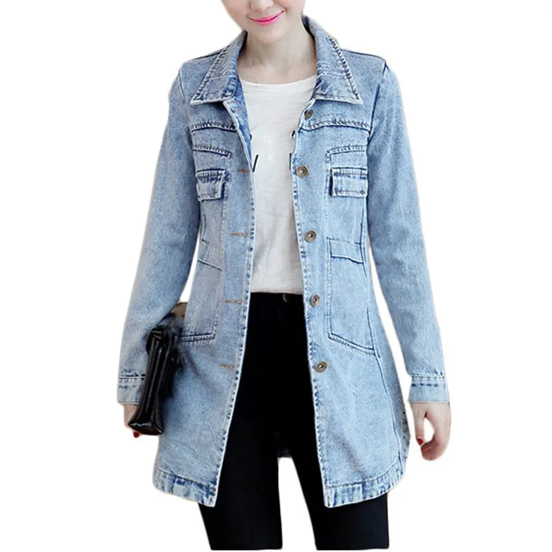 

2019 Women Autumn Korean Denim Jacket Slim Long Basic Coat Women Frayed Plus Size Jeans Jackets Coats