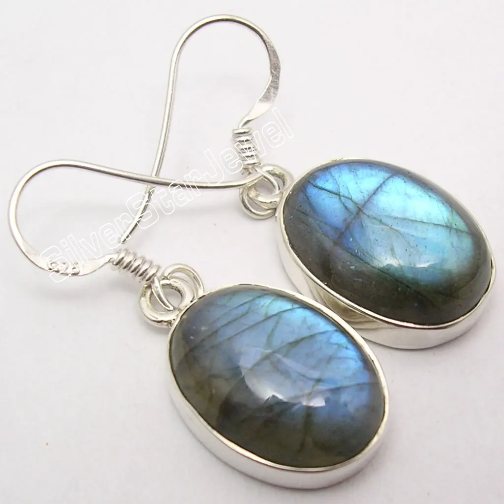 Silver Natural BLUE FLASH LABRADORITE Big Sparkling Earrings 3 3 CM