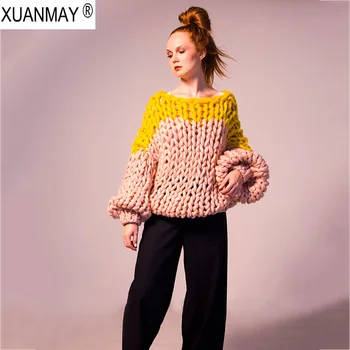 

Spring 2019 Pure Hand-made Thick Bulky Sweater Thick coarse lines Pullover Sweater casual spring Personality Women's sweater