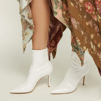 

New Autumn Winter Stiletto Ankle Boots Women Stretch Slip On Boots Female White Patent Leather Pointed High Heels