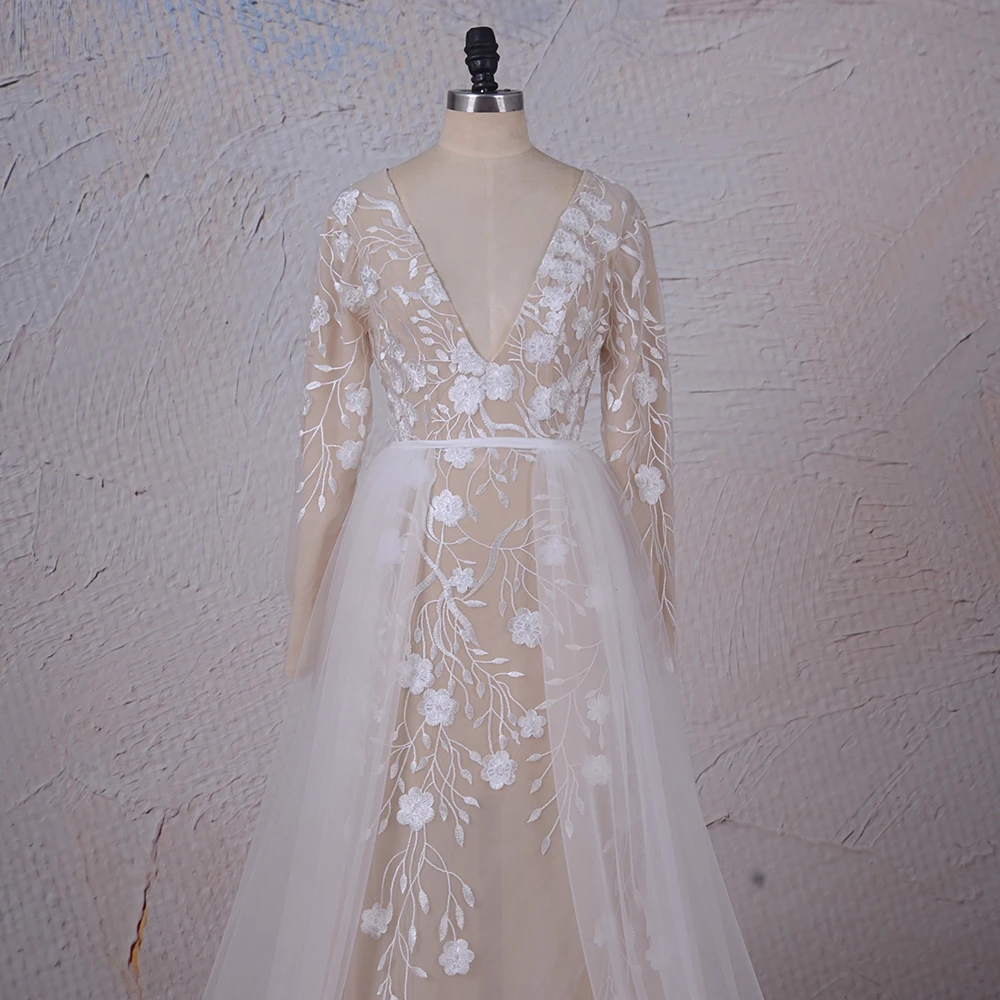 Кружевное свадебное платье с длинными рукавами цвета шампанского, винтажное романтическое свадебное платье со съемным шлейфом